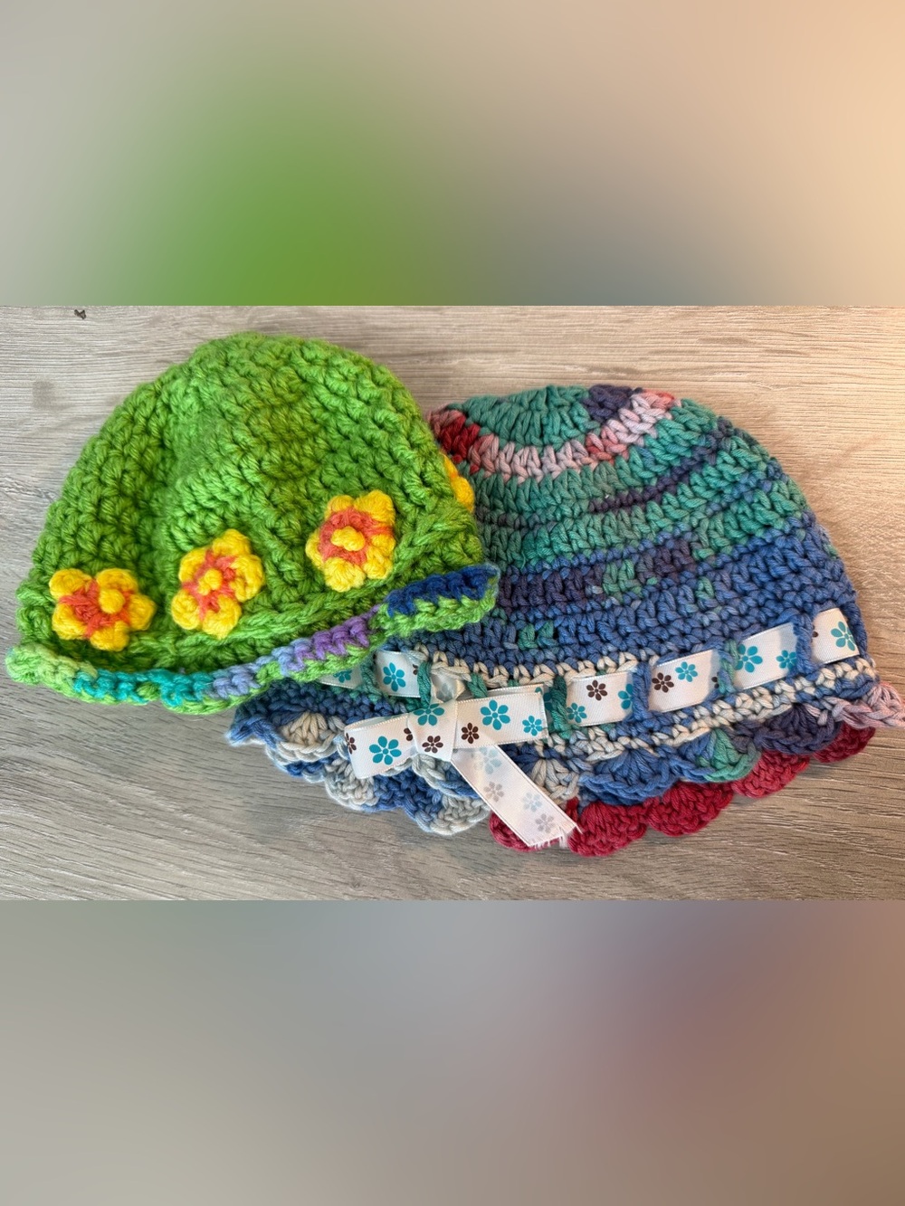 Bundle of 2 - Handmade Crochet Baby Hats Floral Colorful Cottagecore
